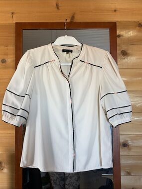 STATE Cream Blouse with Black Contrast Piping